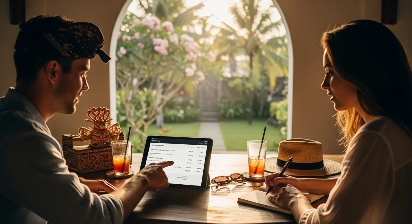 Couple planning their days over drinks at a Bali café
